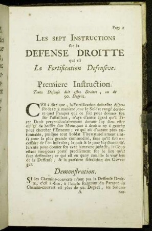 Les sept Instuctions sur la Defense Droitte qui est La Fortification Defensive