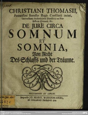 Christiani Thomasii, Potentissimi Borussiae Regis Consiliarii Intimi, Universitatis Fridericianae Directoris ac Professoris Primarii & c. De Iure Circa Somnum Et Somnia