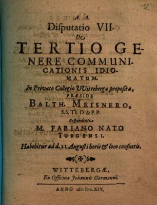 Disputatio VII. De Tertio Genere Communicatinis Idiomatum