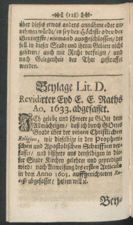 Beylage Lit. D. Revidirter Eyd E. E. Raths Ao. 1633. abgefasset