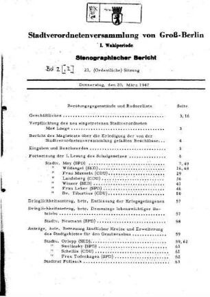 Nr. 21, 20. März 1947, Ordentliche Sitzung