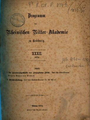 Programm der Rheinischen Ritter-Academie zu Bedburg. 32. 1874