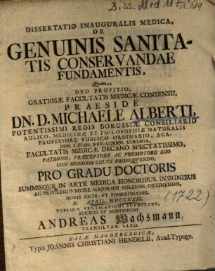 Dissertatio Inauguralis Medica, De Genuinis Sanitatis Conservandae Fundamentis