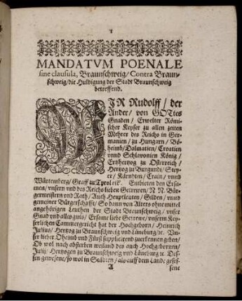 Mandatum Poenale sine clausula, Braunschweig/ Contra Braunschweig/ die Huldigung der Stadt Braunschweig betreffend