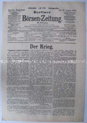 Titelblatt der "Berliner Börsen-Zeitung" zum Kriegsgeschehen
