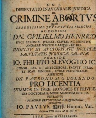 Dissertatio Inavgvralis Jvridica De Crimine Abortvs