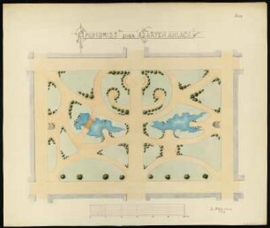 Grundriss einer Gartenanlage, kolorierte Handzeichnung, 1884 : Müller, A.: Grundriss einer Gartenanlage. - Blatt II. - 1:300 - [S.l.] , S.S. [18]84. - 1 Plan : kolor. Federzeichng, ; 45,0 x 31,6 cm