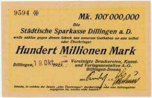 Geldschein / Notgeld, 100 Millionen Mark, 19.10.1923