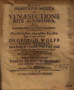 Disputatio Medica De Venaesectione Rite Adhibenda