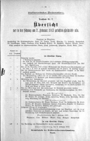 Übersicht der in der Sitzung am 7.Februar 1917 gefaßten Beschlüsse. (7), 07. Februar 1917