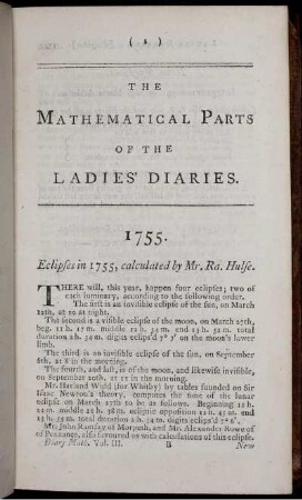 The Mathematical Parts of the Ladies´ Diaries.