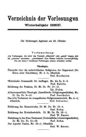 Verzeichnis der Vorlesungen Winterhalbjahr 1926/27.