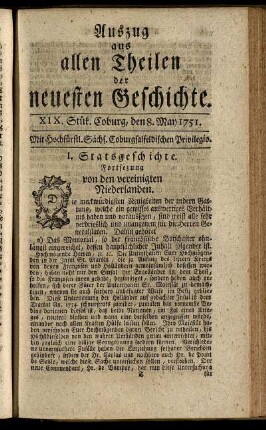XIX. Stük. Coburg, den 8. May 1751.
