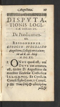 Disputationis Logicae Decas IV. De Praedicamentis.