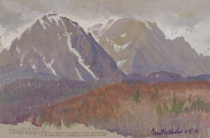Blick von den Höhen bei Busteni auf das Bergmassiv der Bucegi, welches von einem riesigen Kreuz geschmückt ist, einem Mahnmal an die gefallenen Helden des I. Weltkrieges : Eine Minutenskizze im aufziehenden Schneesturm gemalt. 13. IV. 42