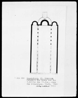 Regensburg, Ehemalige Benediktinerabteikirche Sankt Emmeran, Grundriss des 11. Jahrhunderts, ohne Westquerhaus