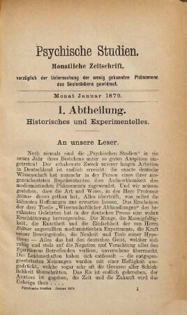 Psychische Studien : monatliche Zeitschrift vorzüglich der Untersuchung der wenig gekannten Phänomene des Seelenlebens gewidmet. 6, 6. 1879