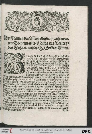 Im Namen der Allerheiligsten / unzertrennten Dreyeinigkeit / Gottes des Vatters / des Sohns / und des H. Geistes / Amen
