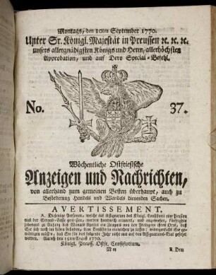 No. 37. Montags, den 10ten September 1770.