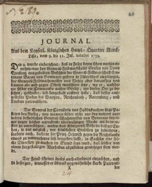 Journal Aus dem Kayserl. Königlichen Haupt-Quartier Marck-Lissa, vom 9. bis 11. Jul. inclusivè 1759