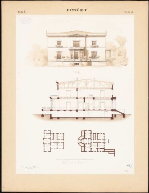 Villa: Seitenansicht, Schnitt 2 Grundrisse