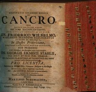 Disputatio Solennis Medica De Cancro