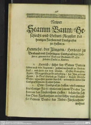 Newer Stamm-Baum, Geschlecht- und Geburt-Register der heutigen Fürsten und Landgrafen zu Hessen [et]c.