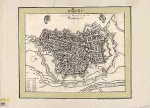 Stadtplan von Augsburg, Kupferst., 1662 : Augspurg = Augvsta Vindelicorum / [Jansonio-Weasberger]. - [Ca. 1:6 000]. - [Amsterdam] : [Bÿ d' Erfsgenamen van Joannes Janssonius van Waesberge] , [1682]. - 1 Kt. : Kupferst. ; 50 x 40 cm. - Mit Gebäudekennung und 2 Wappen