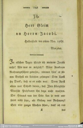 34. Herr Gleim an Herrn Jacobi. Halberstadt den 16ten Nov. 1767