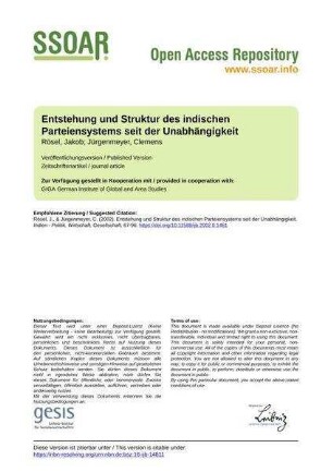 Entstehung und Struktur des indischen Parteiensystems seit der Unabhängigkeit