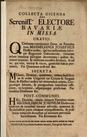 Collecta Dicenda Pro Sereniss.mo Electore Bavariae In Missa
