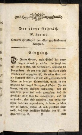 1-4, Das vierte Gespräch. IV. Kapitel. Von der christlichen von Gott geoffenbarten Religion. Eingang.