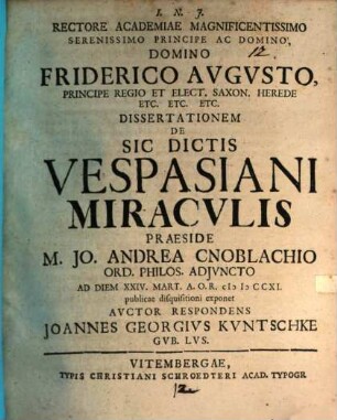 ... Dissertationem de sic dictis Vespasiani miraculis