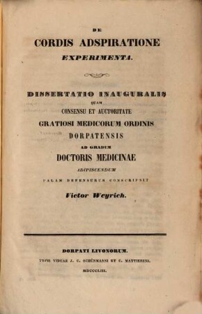De cordis adspiratione experimenta : Diss. inaug. c. tab.