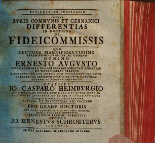 Dissertatio Avspicalis Sistens Ivris Commvnis Et Germanici Differentias In Doctrina De Fideicommissis