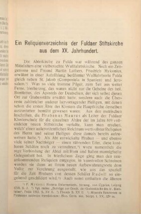 Ein Reliquienverzeichnis der Fuldaer Stiftskirche aus dem XV. Jahrhundert.