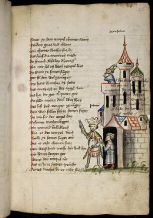 Salomon zu Pferd vor den Toren Jerusalems erteilt Anweisungen für seinen Empfang.