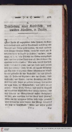Beurtheilung neuer Kupferstiche, von teutschen Künstlern, in Briefen
