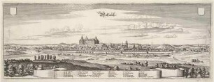 Panorama-Stadtansicht von Weißenfels an der Saale im Süden von Sachsen-Anhalt mit dem 1660-1694 erbauten frühbarocken Schloss Neu-Augustusburg, aus Merians Topographia Superioris Saxoniae