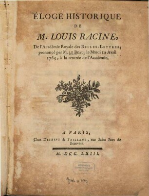 Éloge historique de M. Louis Racine, de l'Académie Royale des Belles-Lettres