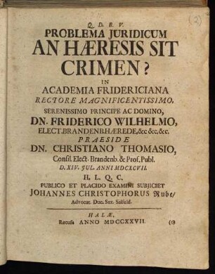 Problema Juridicum An Hæresis Sit Crimen?