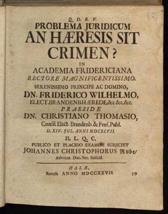 Problema Juridicum An Hæresis Sit Crimen?