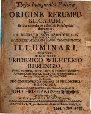 Theses inaug. pol. de origine rerumpublicarum, et aliae nonnullae ex disciplinis philosophicis depromptae
