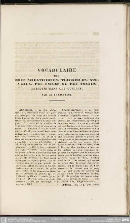 Vocabulaire des mots scientifiques, techniques, nouveaux, peu usités ou peu connus, employés dans cet ouvrage. Par le traducteur