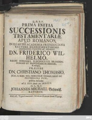 Prima Initia Successionis Testamentariæ Apud Romanos