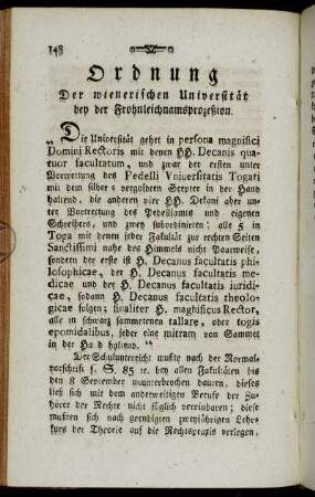 Ordnung der wienerischen Universität bey der Frohnleichnamsprozeßion.