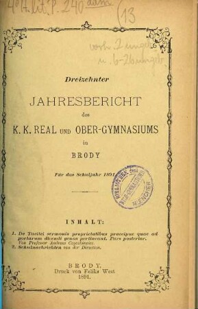 Jahresbericht des K.K. Real- und Ober-Gymnasiums in Brody. 13. 1891