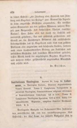 678-679 [Rezension] Liebermann, Franz L., Institutiones theologicae