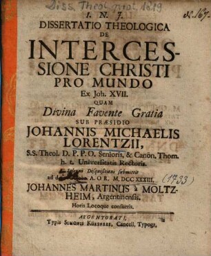 Dissertatio Theologica De Intercessione Christi Pro Mundo Ex Joh. XVII.