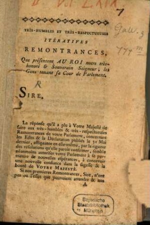 Tres humble remontrances que presentent au Roi les gens tenant sa cour de Parlement